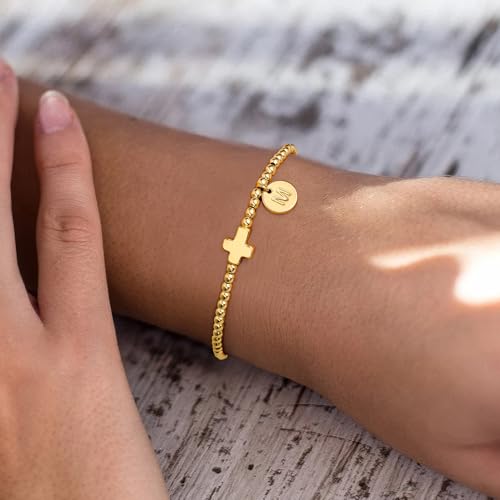M MOOHAM Cross Initial Bracelets for Women, Letter A-Z Gold Beaded Bracelet - color: Gold