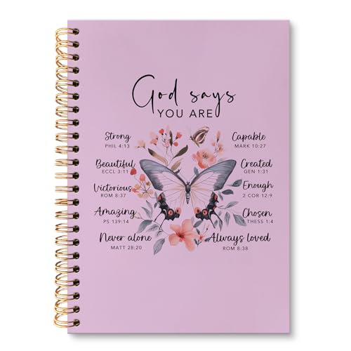 huester Christian Journal, Inspirational Christian Butterfly Church Notes Notebook Journal for Women, God Says You Are Bible Scripture Purple Journal Notebooks for Note Taking, Bible Journaling Hardcover Paper Spiral Notebook, 5.5x8.3 Inch - color: purple