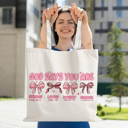 God Says You are Christian Canvas Tote Bags for Women, Inspirational Christian Gifts for Women - color: Bow God Says You Are