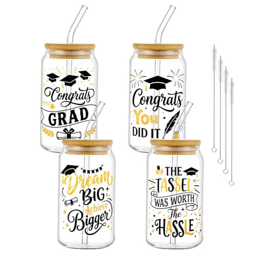 Glass Cups with Lids and Straws, 4Pack, 16oz, Graduation - color: Graduation