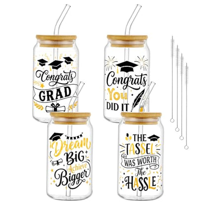 Glass Cups with Lids and Straws, 4Pack, 16oz, Graduation - color: Graduation