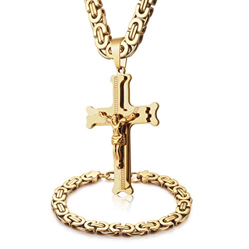 Mens Stainless Steel Silver Gold Jesus Cross Pendant Necklace Chain Bracelet Set Jewelry 45/50/55/60/65/70/75cm - style: Style 03-Color Yellow