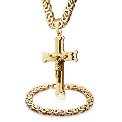 Mens Stainless Steel Silver Gold Jesus Cross Pendant Necklace Chain Bracelet Set Jewelry 45/50/55/60/65/70/75cm - style: Style 03-Color Yellow