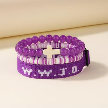 WWJD Bracelets Set WWJD Wristbands Christian Cross Bracelet Stackable Clay Bead Bracelets Stretch Glass Beaded Inspirational Christian Jewelry Gift for Couples Women Men - color: 3PCS Purple