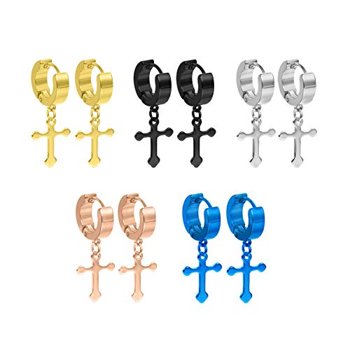 Men Women Stainless Steel Cross Earrings Set Dangle Hinged Earrings of Dangle Hinged Earrings Cross hoop Earrings - color: 5 Pairs Cross Earrings (Black+Silver+Gold+Rose god+blue) Korean style