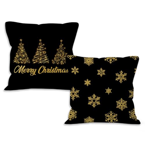 Black and Gold Christmas Throw Pillow Covers 18x18 Set of 2, Black Gold Christmas Tree Snowflake Decorative Decorations Pillow Covers for Home Bedroom Couch - color: Black and Gold