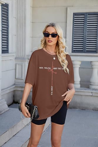 Christian Shirts for Women Oversized Bible Verse T-Shirt Jesus Religious Faithful Shirt Christ Crewneck Tee Top - color: Brown, size: Small