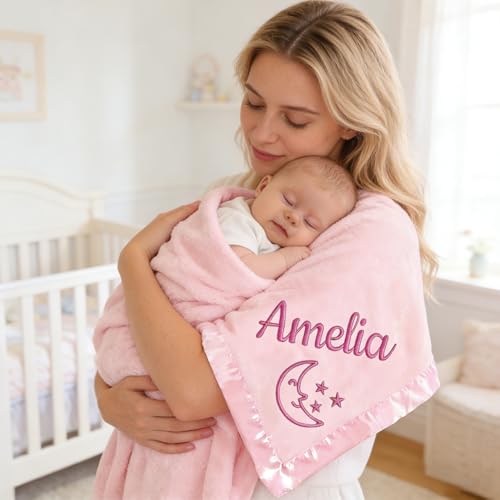 Personalized Baby Blanket with Embroidered Name,Custom Baby Receiving Blankets Soft Fleece Toddler Blanket for Newborn Baby Girl Shower Gifts -36" x 36" - color: Pink