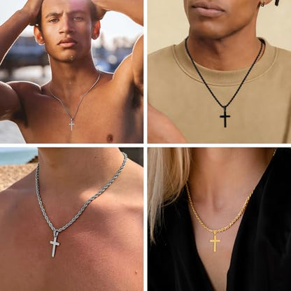 Cross Necklace for Boys Mens Stainless Steel Twisted Rope Chain Cross Pendant Rustproof Necklace for Teen Boy Mens Christian First Communion Confirmation Gifts for Boys - color: Black