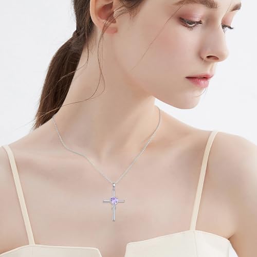 S925 Sterling Silver Cross Necklace for Women Birthstone Necklace Heart Infinity Cross Pendant Necklace Christmas Valentines Day Gifts Birthday Holiday Gifts for Her, 18"+2" Inches - color: 06-Jun Birthstone - Alexandrite
