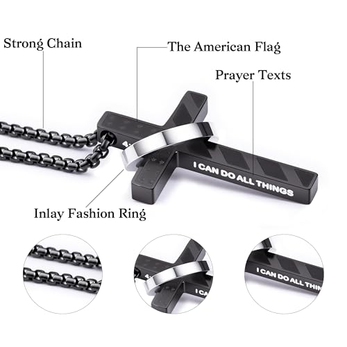 Cross Necklace for Men,Stainless Steel Ring Pendant Necklaces - color: black, style: 1:37 with ring