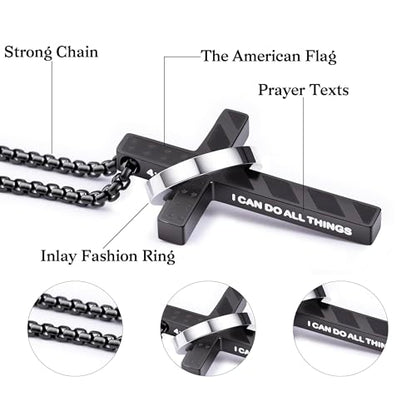 Cross Necklace for Men,Stainless Steel Ring Pendant Necklaces - color: black, style: 4:13 with ring