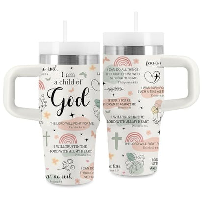 Christian Gifts for Women Girls – 14 oz Tumbler with Handle and Straw, Stainless Steel Insulated - BPA Free, Inspirational Bible Verse Baptism Cup, Religious Birthday Travel Gift (Child of God) - color: Child1
