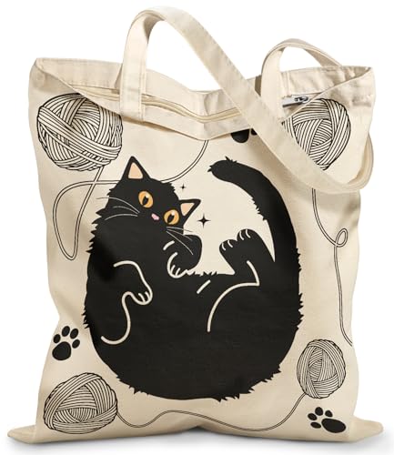 Miss Adola Canvas Tote Bag with Zipper for Women - color: Black Cat