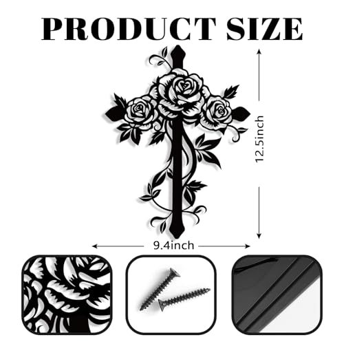 Kercan Metal Cross Wall Decor with Roses, Black Floral Wall Art, Christian Religious Home Decor for Living Room Bedroom, 12.5 x 9.4 Inch - style: Single
