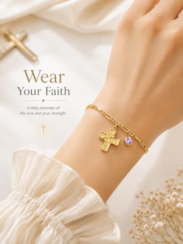 14K Gold Cross Religious Christian Birthstone Women Bracelet Gifts