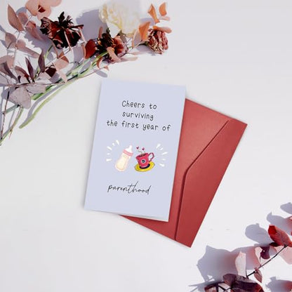 Funny Baby 1st Birthday Card - Celebrating Parenthood & Surviving the First Year - color: #99