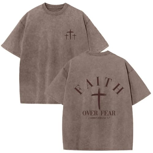 Christian Faith Over Fear Shirt for Men Cross God Oversized T-Shirt Inspirational Jesus Religious Short Sleeve Tops - color: Brown, size: Large