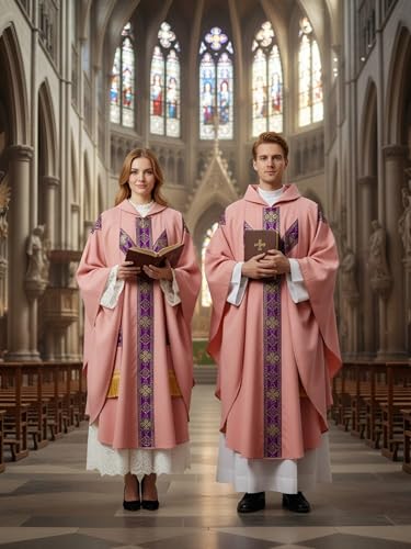 FAD-4U Church Catholic Priest Chasubles Vestments for Church Mass Vestments Robe with Stole - color: Pink&purple