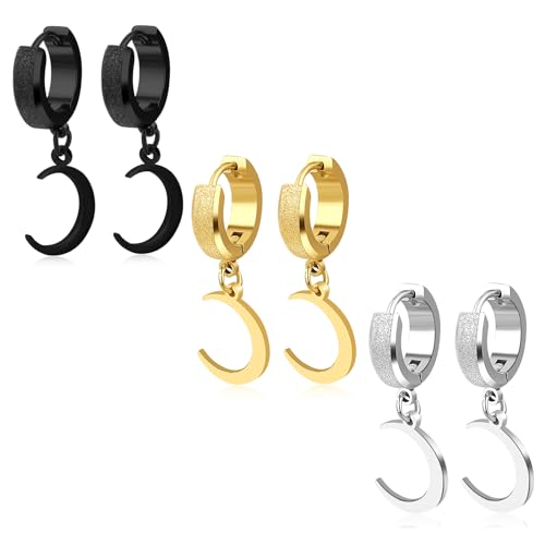 Men Women Stainless Steel Cross Earrings Set Dangle Hinged Earrings of Dangle Hinged Earrings Cross hoop Earrings - color: 3 Pairs Moon Earrings (Black+Silver+Gold)