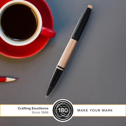 Cross Calais Rollerball Pen, Brushed Rose Gold & Black Lacquer, Black Ink - color: Brushed Rose Gold & Black