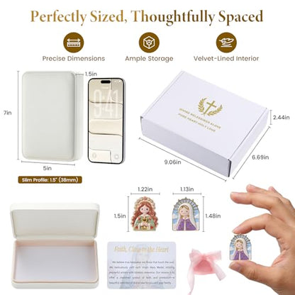 My First Religious Keepsake Box Set for Girls - 3D Virgin Mary Medal, White PU Leather Case & Blessing Card for Baptism, First Communion (Premium Keepsake Box - Rosary Not Included) - style: Style D