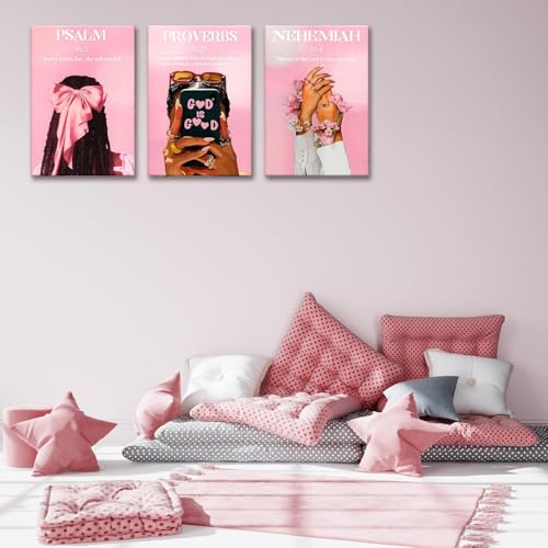 DAXINGJ Pink Christian Wall Art Set of 3, Black Girl Framed Prints - color: Pink Black Woman Bible, size: 16"L x 12"W