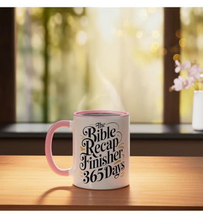 The Bible Recap Finisher 365 Days Funny Jesus Youth Ceramic Mug, Pink/White - color: Pink/White, size: 11 Ounces