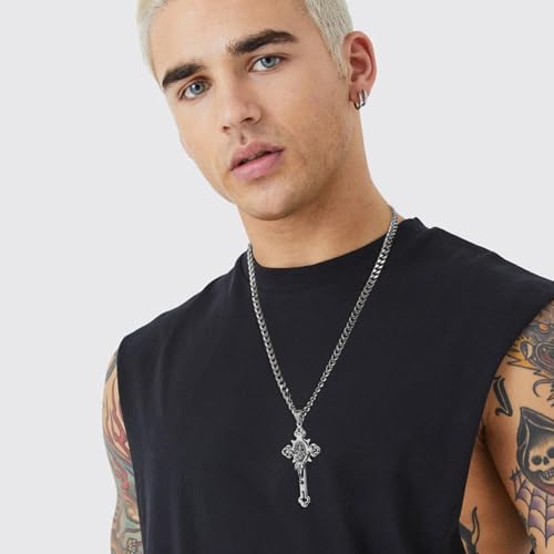 HZMAN Stainless Steel St. Benedict Crucifix Cross Necklace for Men - color: Large Silver