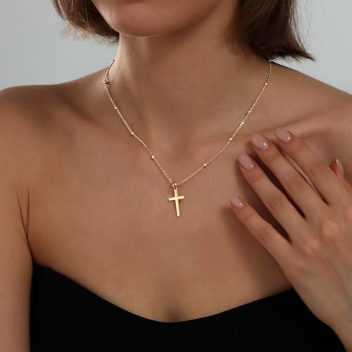 Cross Necklace for Women, Dainty 14K Gold Plated CZ Pendant - color: Gold-medium plain cross