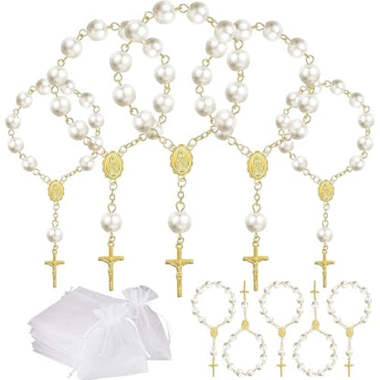 10 Set Baptism Party Favors Mini Rosary Beads Faux Pearls with Organza Bags for Christening Weddings First Communion Party Favors - style: Gold Pearl