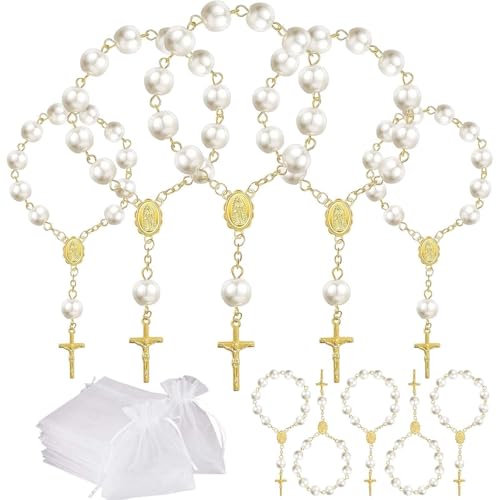 10 Set Baptism Party Favors Mini Rosary Beads Faux Pearls with Organza Bags for Christening Weddings First Communion Party Favors - style: Gold Pearl