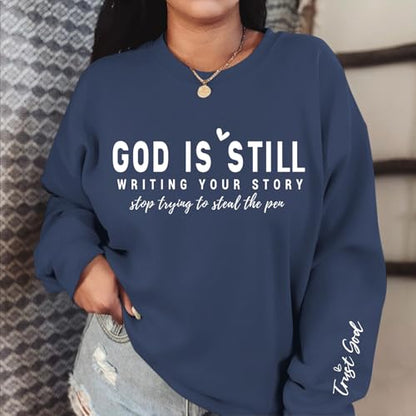 PAIEXILY Christian Crewneck Sweatshirts for Women God Faith Bible Verse Pullover Jesus Religious Long Sleeve Shirts Tops - color: Gray Blue, size: Medium
