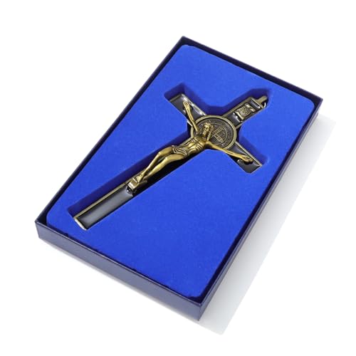 KOMI 7.5" Metal Crucifix Wall Cross with Black Enamel Catholic Jesus Cross - color: Black-Gold