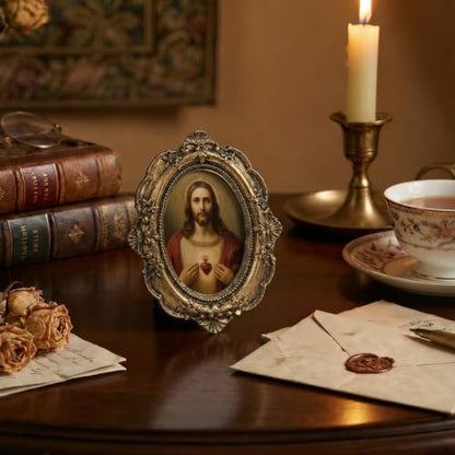 Catholic Sacred Hearts of Jesus Small Oval Picture Frame 4x5in - color: heart sacred