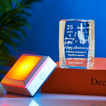 25th Wedding Anniversary Crystal Gifts for Couples with LED Base, Laser Engraved Happy Anniversary Keepsake Gift for Wife Husband, Marriage Gifts for Her Him - color: 25TH Wedding Anniversary