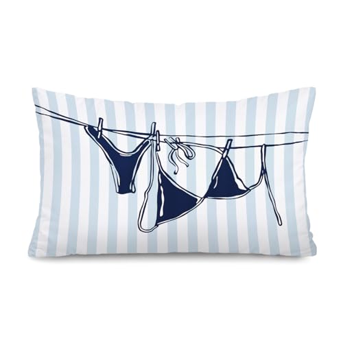 Lacama Blue Coastal Room Decor, Coastal Throw Pillow Cover 12x20, Blue Dorm Decor, Preppy Bikini Prints Decorative Throw Pillow Covers Pillowcases for Couch Bed Girly Room Bedroom Dorm - color: Coast-bikini-blue-vertical Stripes