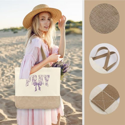 Tote Bag, Gifts for Women Friends Girlfriend Coworker Wife Mom Reusable Tote Bags Birthday Thank You Gift - color: Purple Pray