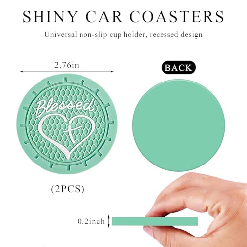 KVAEY 2 PCS Car Cup Holder Coasters, 2.76 Inch Anti Slip Vehicle Drink Mats with Cute Blessed Cross and Heart, Shockproof, Universal Car Accessories (Light Green, 2 PCS) - color: Light Green, size: 2 PCS