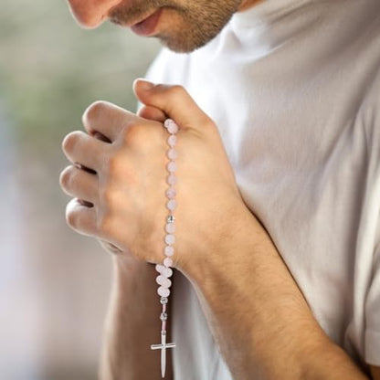 SUPERFINDINGS Prayer Beads Rose Quartz Prayer Rosary Pink Natural Stone Rosary Beads with Cross 8mm Bead Anglican Rosaries for Catholic Christian Confirmation Gifts, Length:22.8cm/9in
