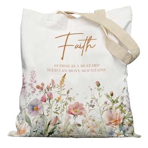 Christian Floral Tote Bag, Faith of a Mustard Seed Matthew 17:20 Bible Verse Canvas Tote Bags, Christian Gifts for Women, Wildflower Religious Reusable Grocery Shopping Bag