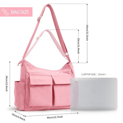 KALIDI Canvas Tote Bag Zipper Large Crossbody Shoulder Bag Messenger Bag - color: Upgraded Pink
