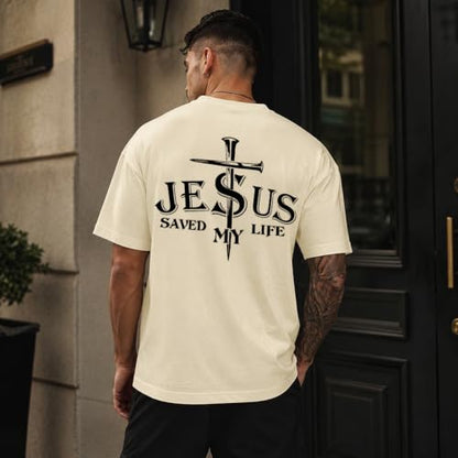 Christian Jesus Cross Shirts for Men Jesus Saved My Life T-Shirt God Tee - color: Creamy Yellow, size: Medium