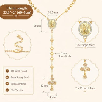 Women's Gold Rosary Beads Necklace,14K Gold Plated Virgin Mary Y Necklaces - color: Gold