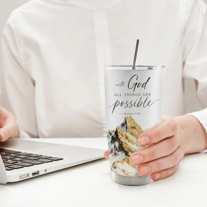 Christian Bible Verse 20oz Travel Coffee Mug Tumbler, Christian Religious Gifts for Women, with God All Things Are Possible Mountain Landscape Stainless Steel Tumbler with Lid and Straw - color: withgod