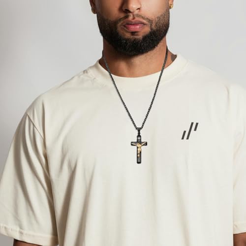 HZMAN Catholic Jesus Christ INRI Cross Crucifix Pendant Necklace for Men - color: Black