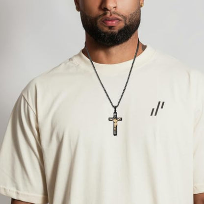 HZMAN Catholic Jesus Christ INRI Cross Crucifix Pendant Necklace for Men - color: Black
