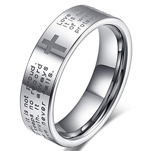 Fashion Month Womens 4mm Tungsten Carbide White Ring Engraved English Bible Verses About Love Cross Band for Her