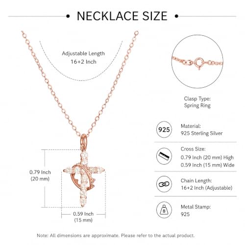 925 Sterling Silver Cross With Crown Necklace for Women 16+2 Inch - color: Rose Gold
