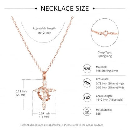 925 Sterling Silver Cross With Crown Necklace for Women 16+2 Inch - color: Rose Gold